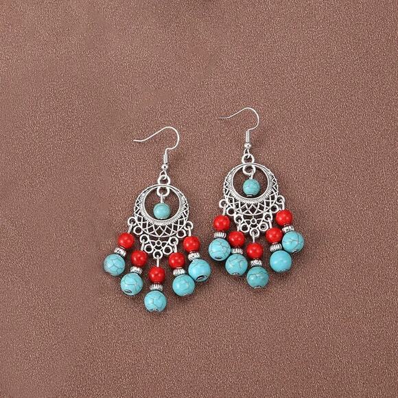 Ethnic Style Water Droplets Red Bead Hollow Alloy Turquoise Tassel Earrings Retr - Picture 3 of 10
